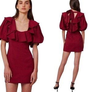 C/MEO Collective New Places Berry Dress Ruffle Neckline, Short Balloon Sleeves
